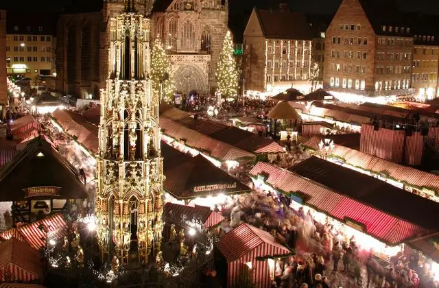 Nuremberg Christkindlesmarkt with striped stall roofs and the Frauenkirche