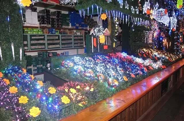 A Christmas-light stall at the market on Place Broglie, Strasbourg