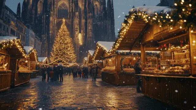 Cologne Cathedral Christmas Market with wooden stalls, festive lights, and Glühwein at the foot of Cologne Cathedral in Germany.